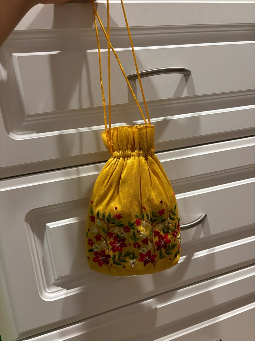 Yellow Floral Embroidered Drawstring Women’s Bag